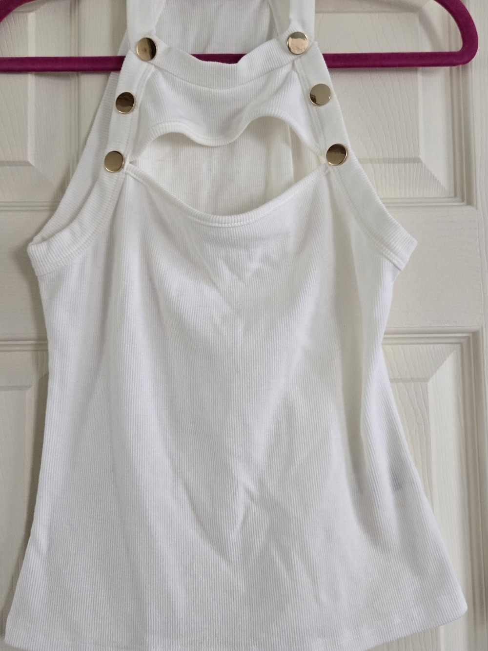 SHEIN White Ribbed Halter Tank with Gold Buttons